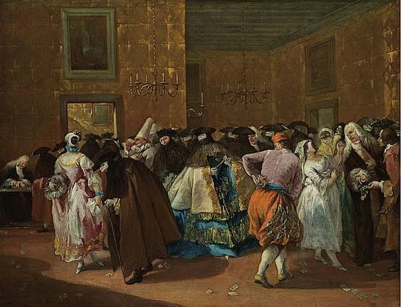 Venezia, il ridotto a Palazzo Dandolo, con figure mascherate che danzano e dialogano